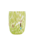 A handmade glass tumbler with a textured, bubbly pattern in light green and white, featuring small colorful glass inclusions, shown on a plain white background.