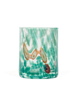 A clear glass tumbler with a vibrant turquoise and green marbled pattern, featuring embedded decorative elements including two gold-toned teardrop shapes and a small red and blue circular piece, set against a plain white background.