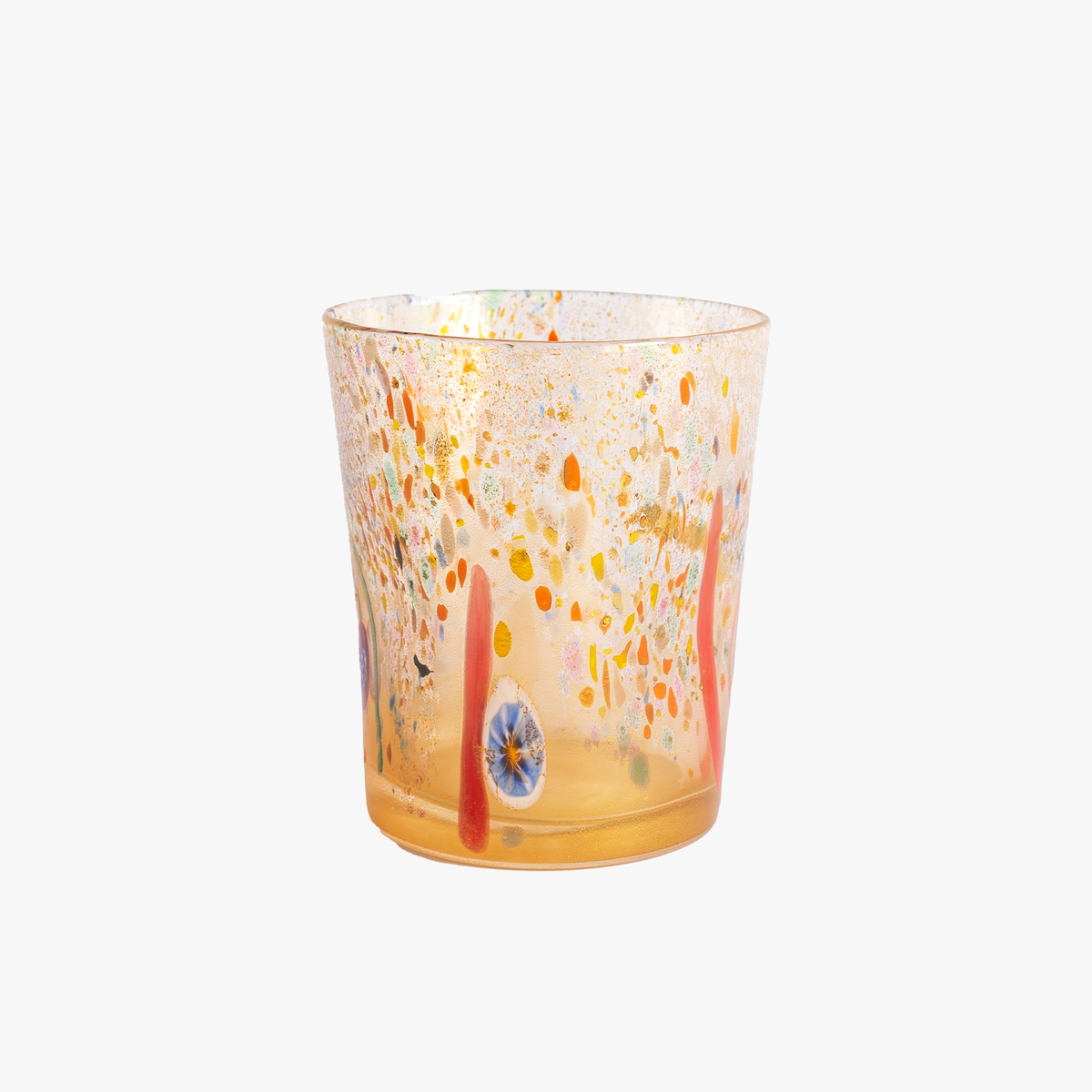 A hand-blown multicolored glass tumbler with gold Flecks and possibly bronze, silver or gold leaf detailing.