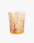 A hand-blown multicolored glass tumbler with gold Flecks and possibly bronze, silver or gold leaf detailing.
