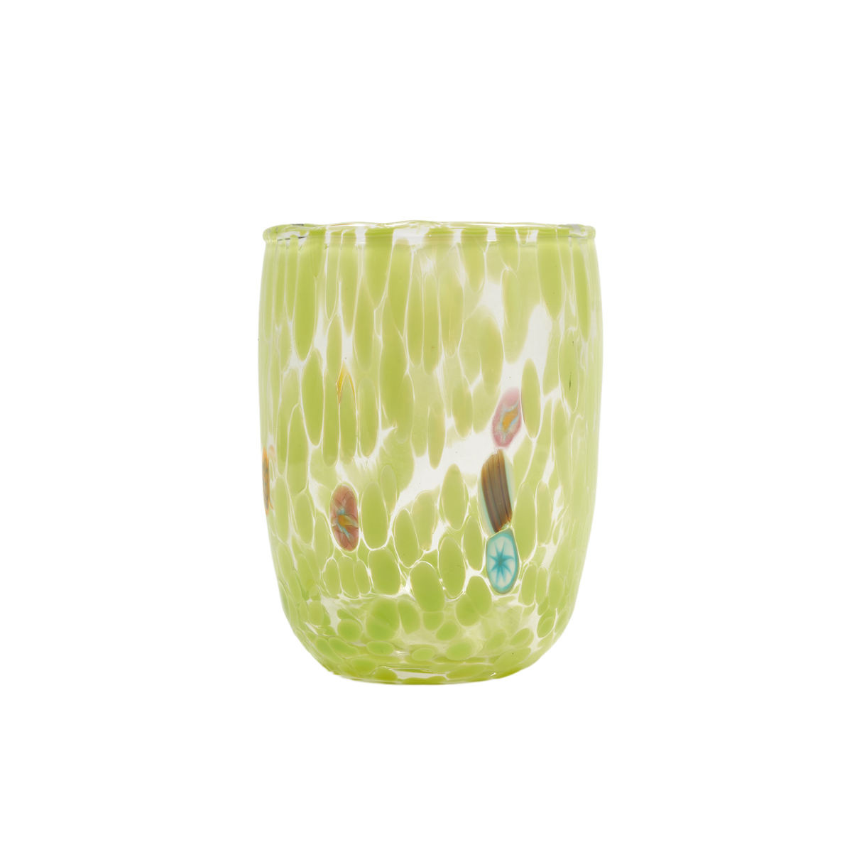 A handmade glass tumbler with a textured, bubbly pattern in light green and white, featuring small colorful glass inclusions, shown on a plain white background.