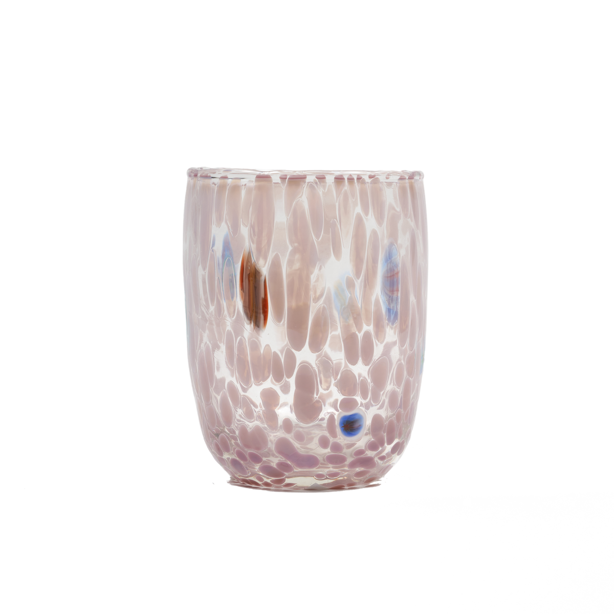 A hand-blown glass tumbler with a textured, bubbly pattern in shades of dusty pink, lavender, and white, accented with small blue and brown bubbles, set against a plain white background.