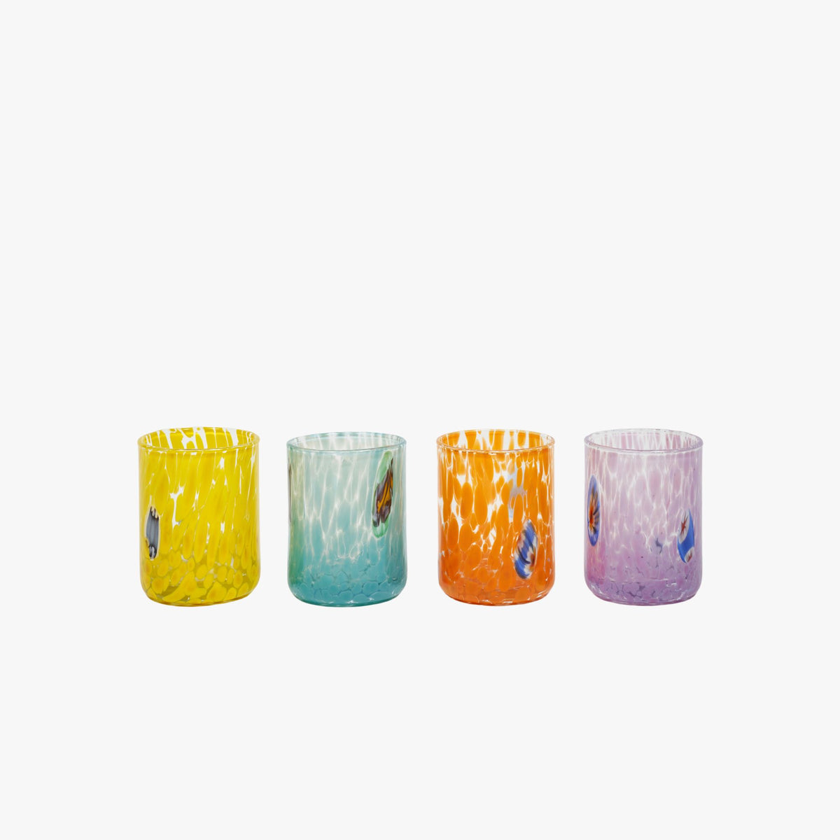 A set of four hand-blown multicolored glass shot glasses, each with unique patterns and designs.