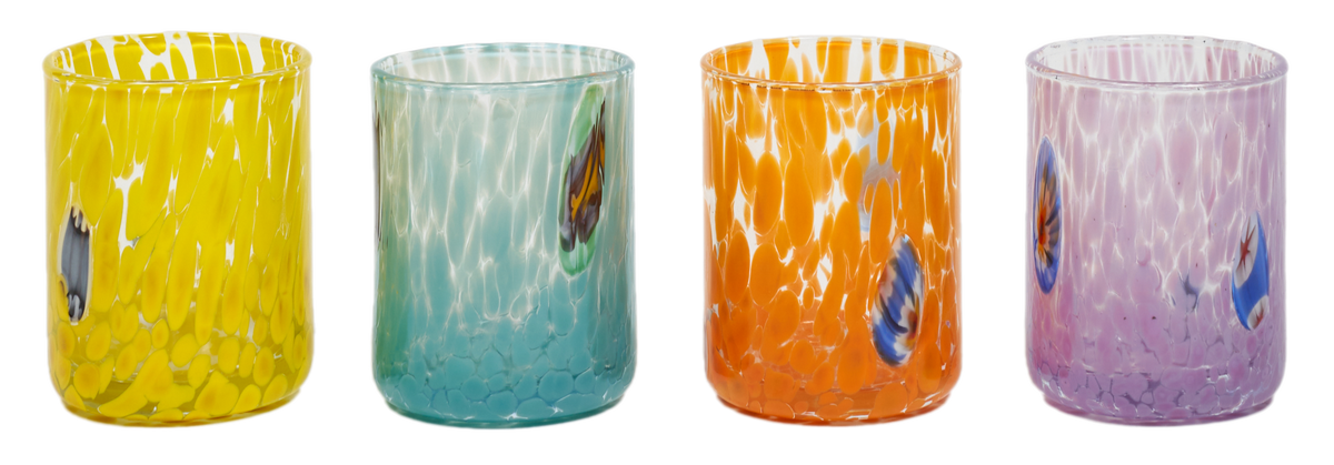 Four hand-blown glass tumblers with textured, bubbly patterns in yellow, teal, orange, and lavender, each featuring a small hand-painted butterfly detail, shown against a plain white background.