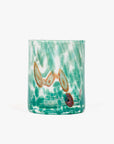 A handcrafted Straight Murano Tumbler with a geometric pattern in green and multicolored accents.