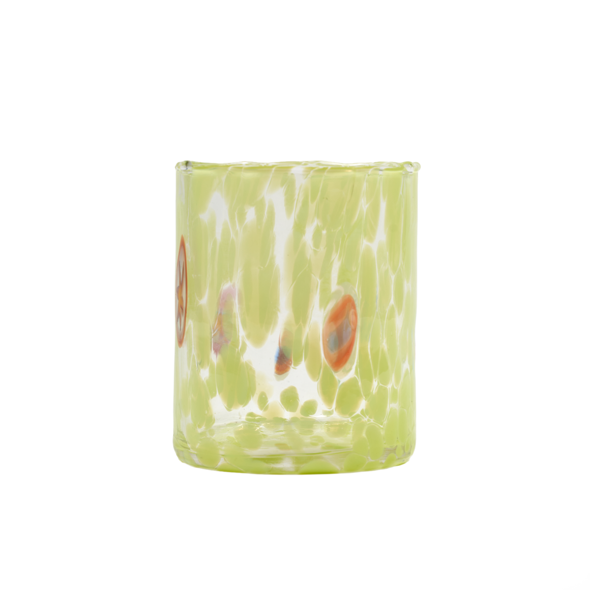 A clear glass tumbler with a vibrant lime green base, featuring organic white veining and three circular orange-red and blue-green mottled inclusions, shown against a solid white background.