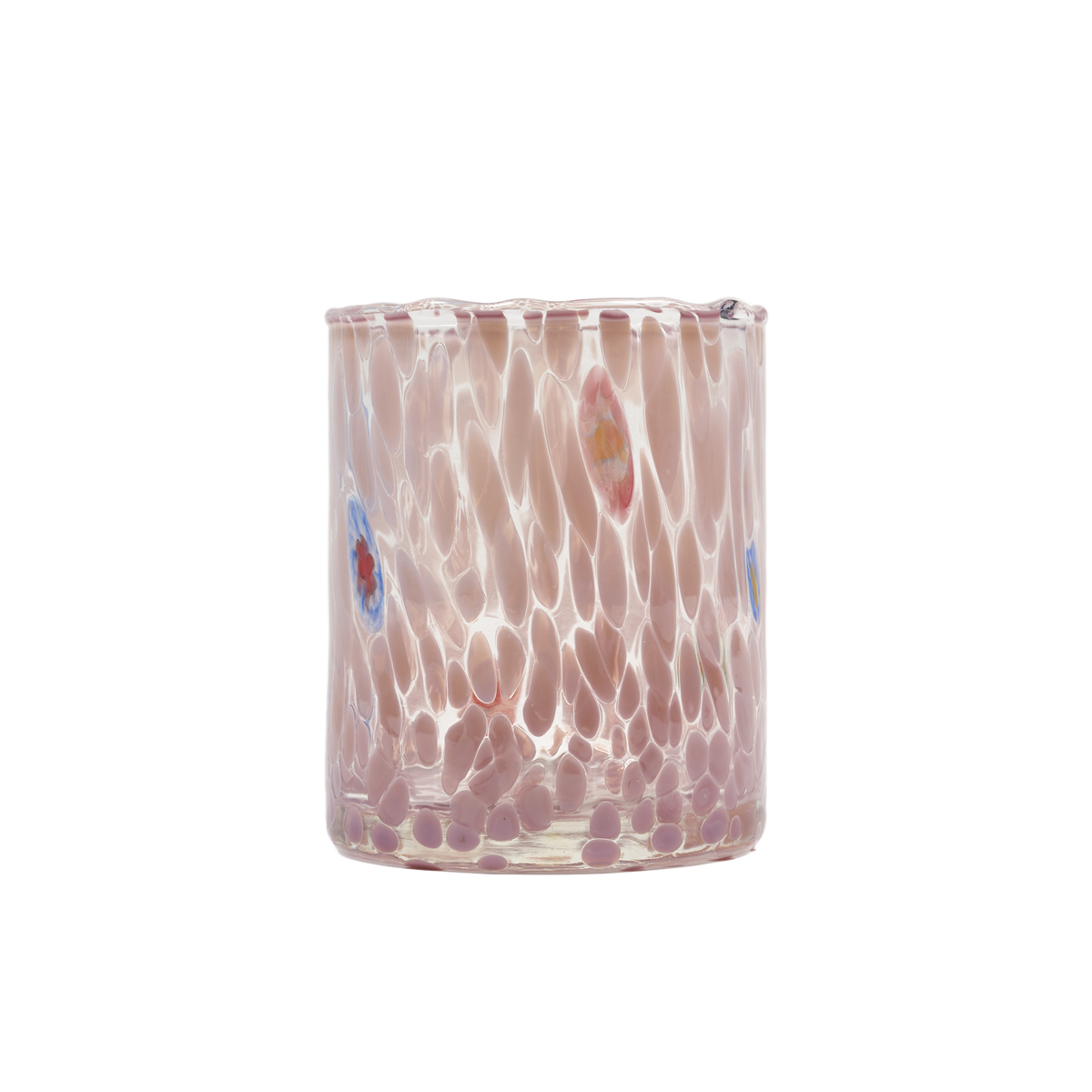 A hand-blown glass candle holder with a wavy, textured pattern in soft pink and peach tones, accented with small multicolored glass inclusions, shown on a solid white background.