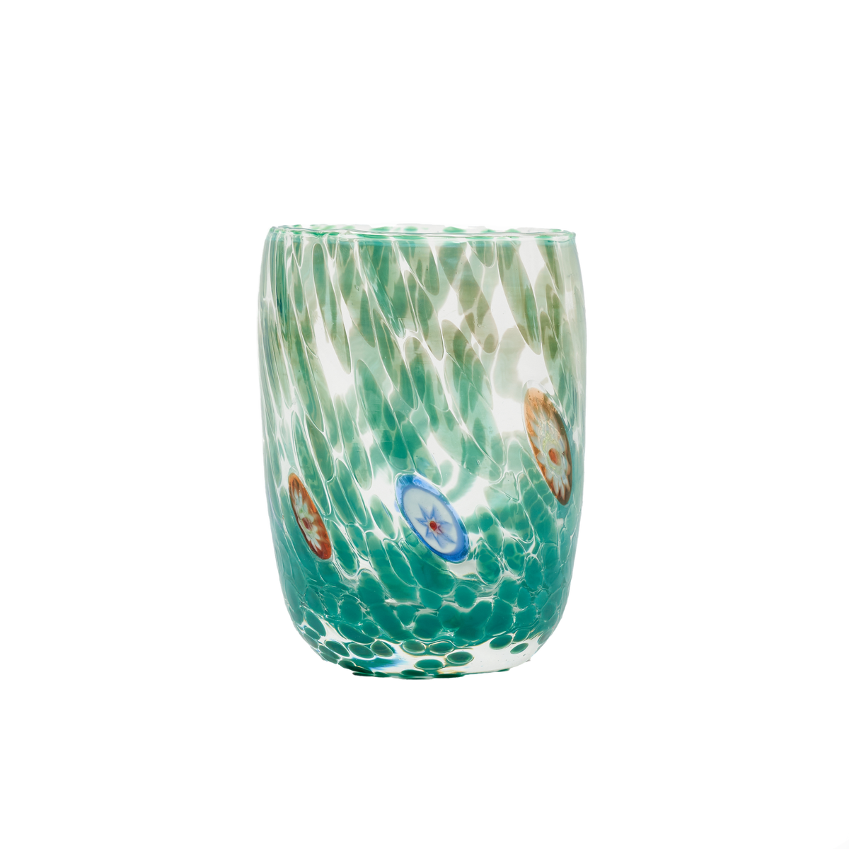 A hand-blown glass tumbler with a green and teal water ripple pattern, featuring small decorative medallions in blue, brown, and white.